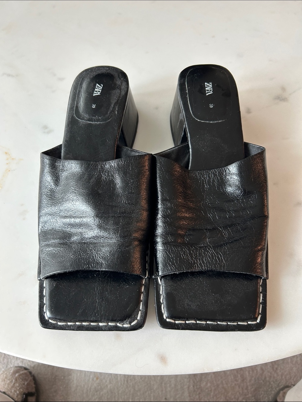 Zara Black Leather Square-Toe Mule Sandals